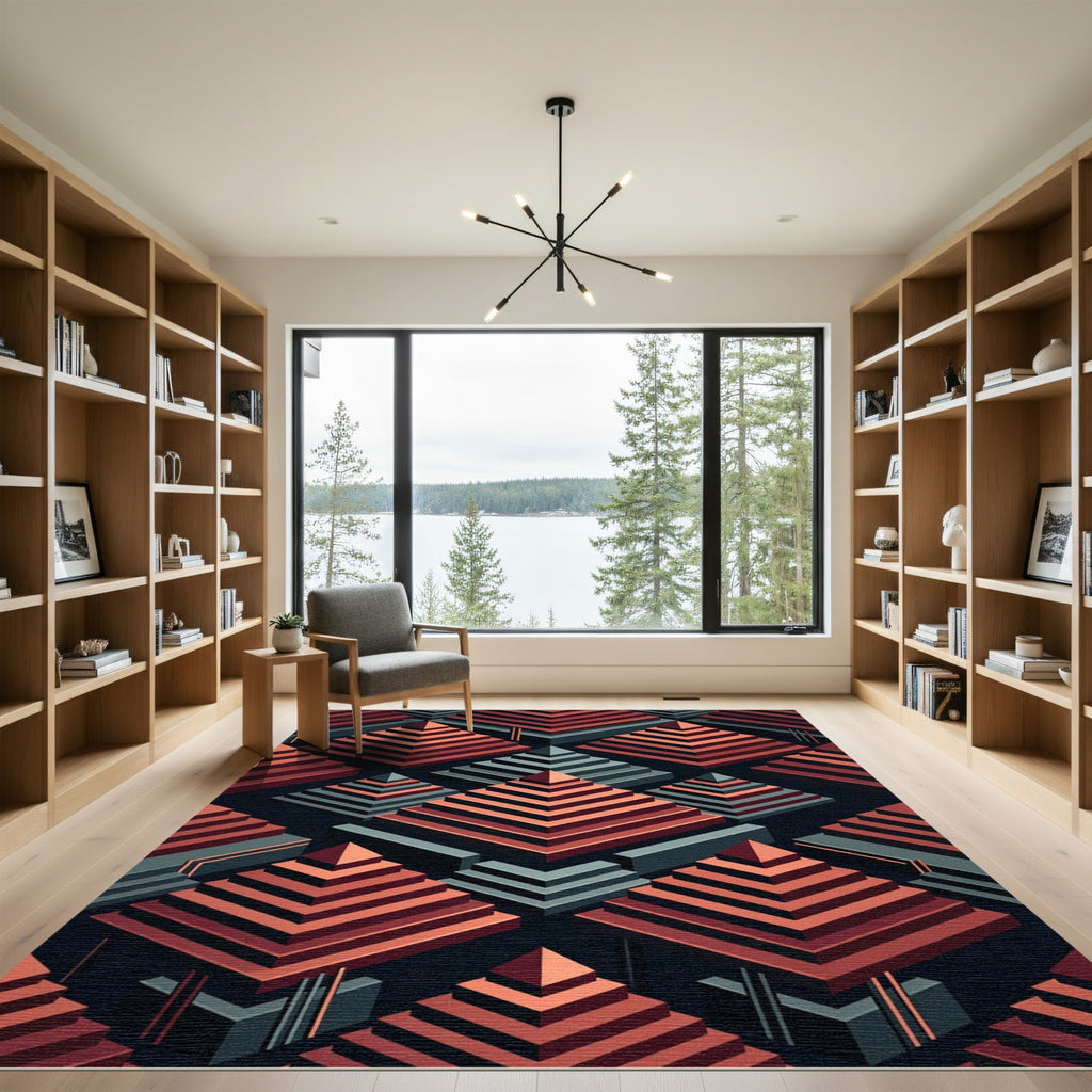 Isometric Crimson Pyramids Slate Abstract Rug