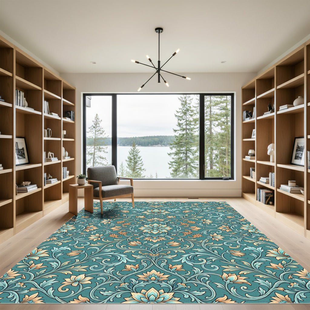 Elegant Teal Floral Damask Scroll Rug