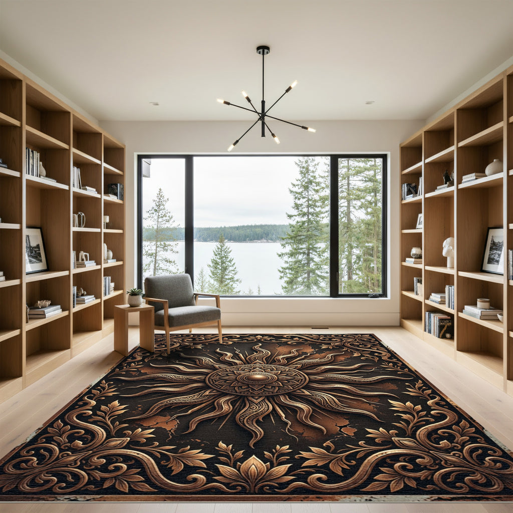Ornate Bronzed Celestial Sun Medallion Rug