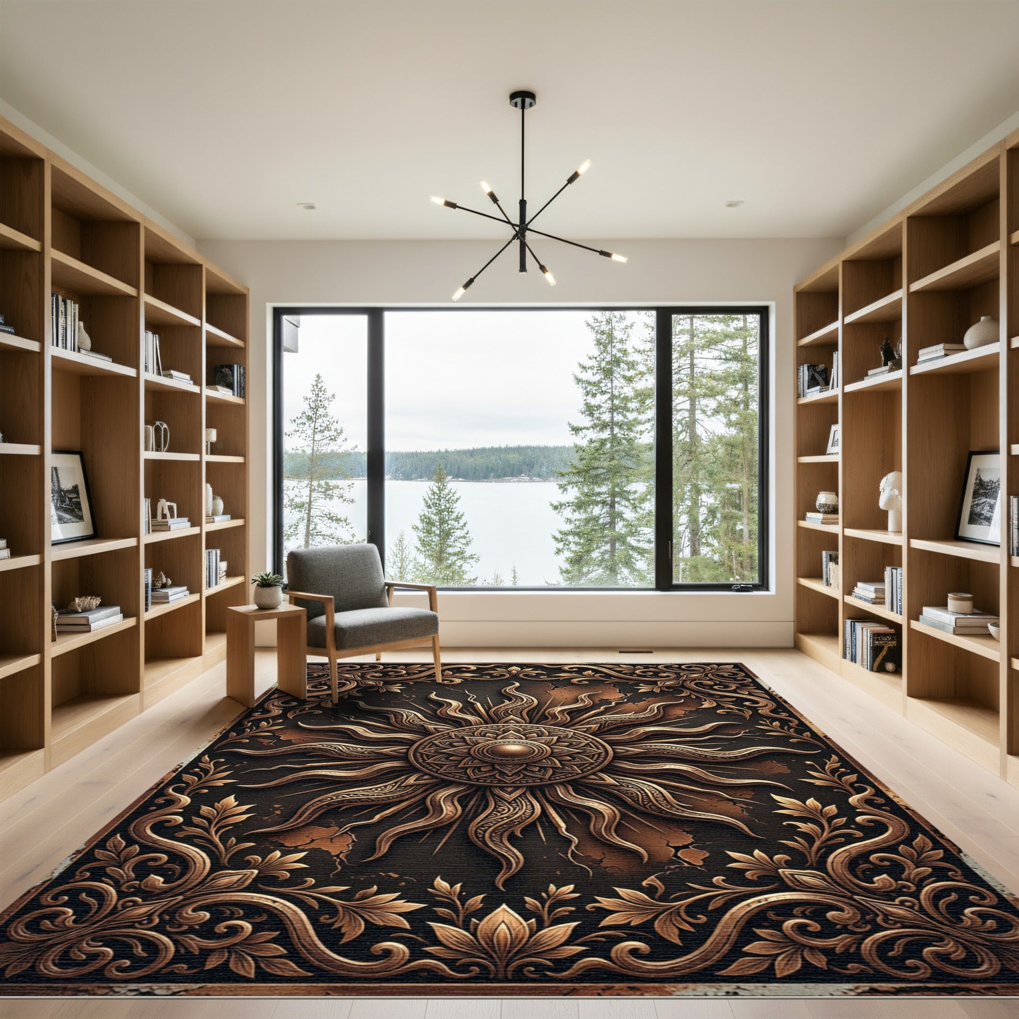 Ornate Bronzed Celestial Sun Medallion Rug
