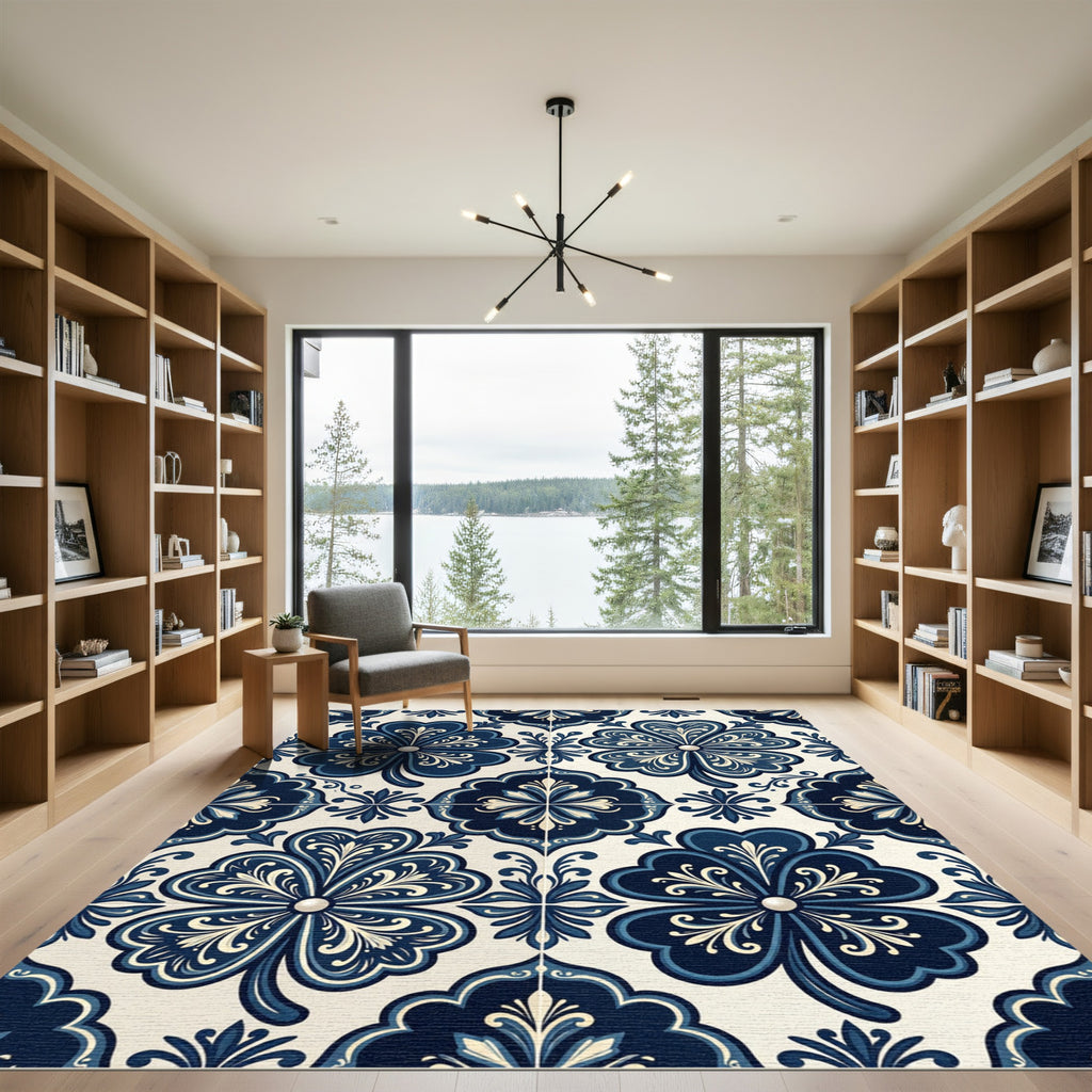 Deep Blue Quatrefoil Porcelain Tile Rug