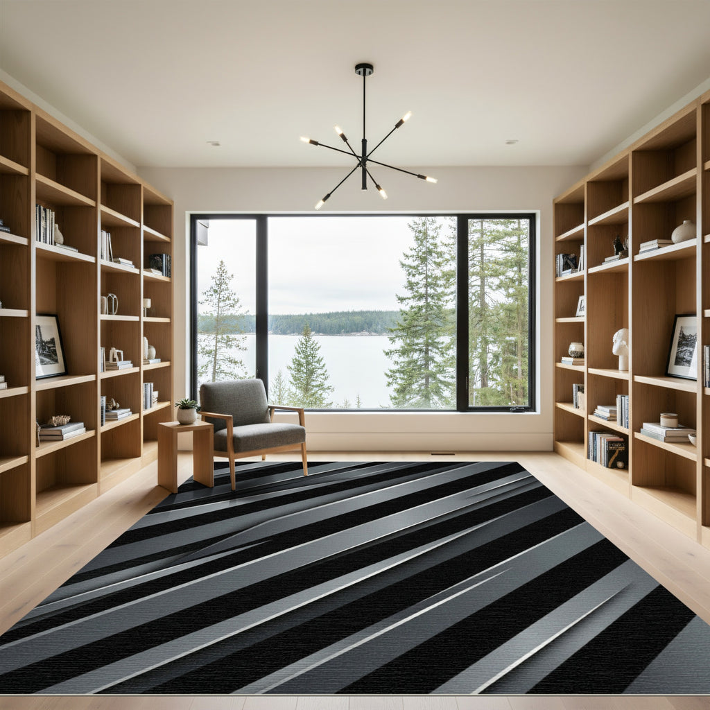 Modern Metallic Silver Slanted Blade Lines Rug