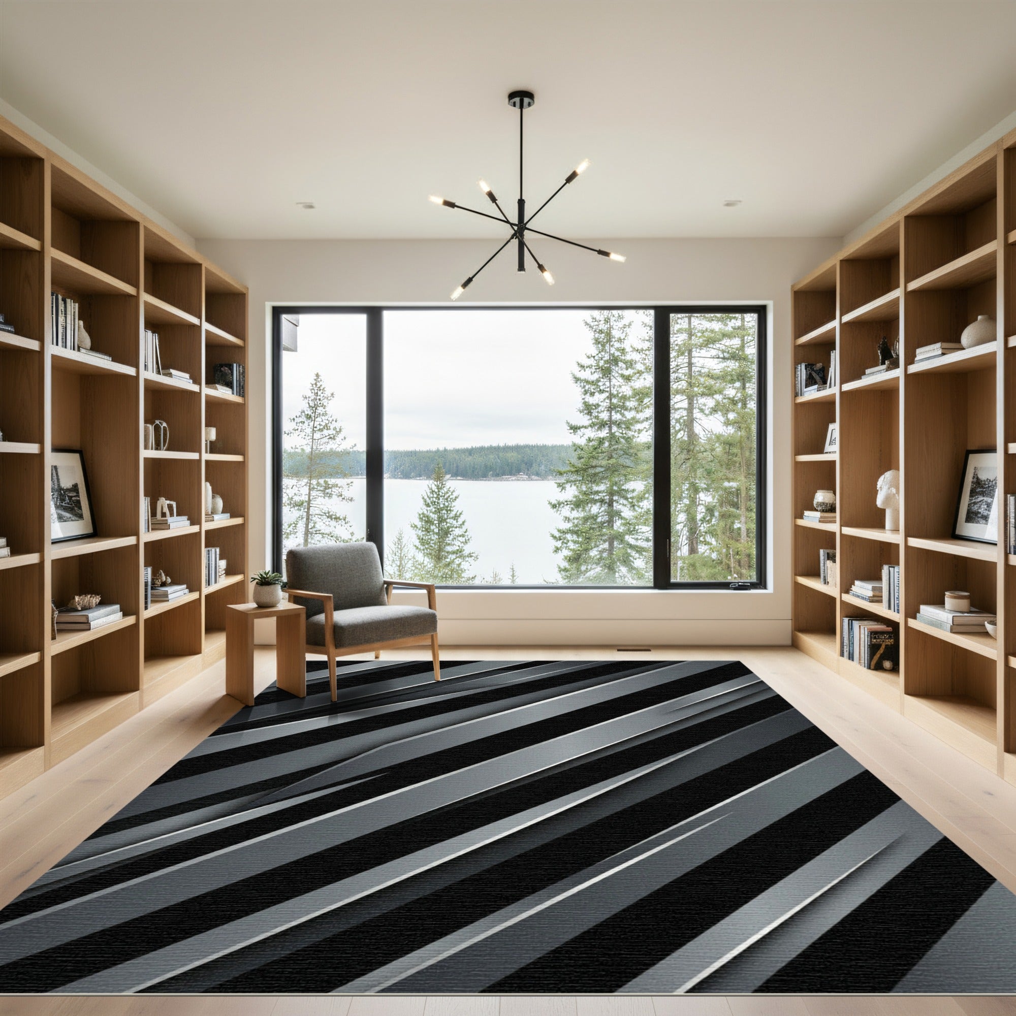 Modern Metallic Silver Slanted Blade Lines Rug