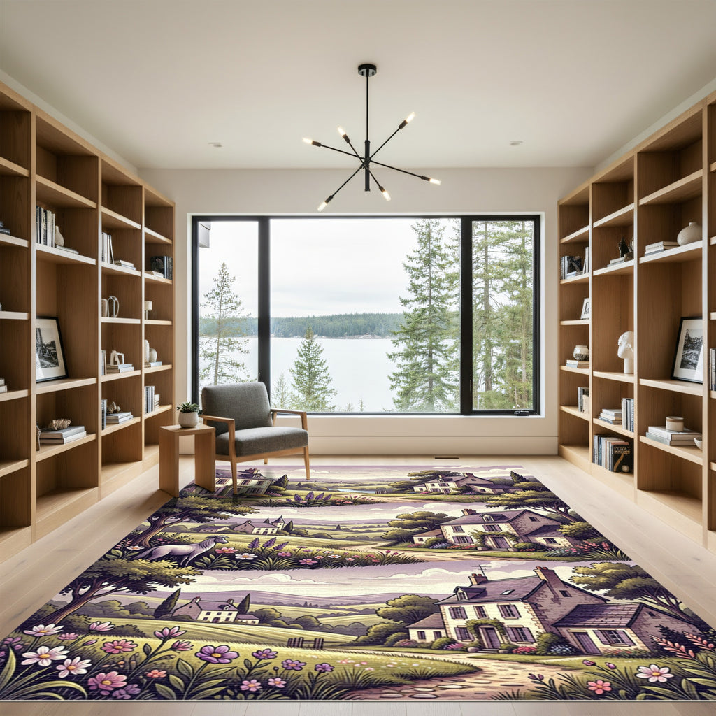 Pastoral Countryside Village Horse Floral Rug
