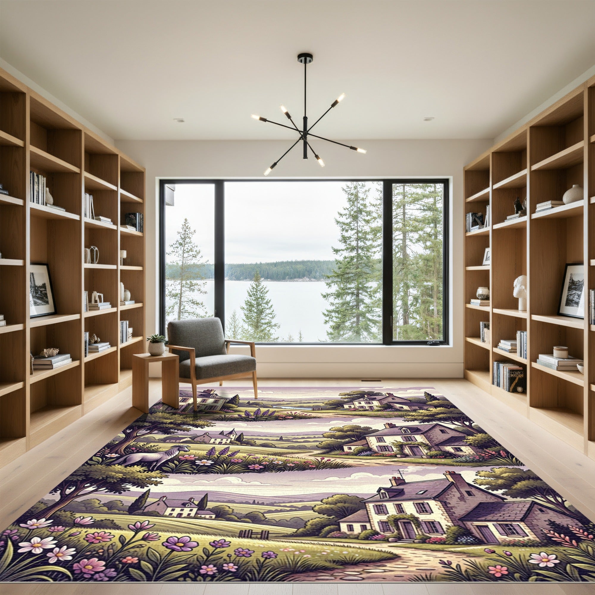 Pastoral Countryside Village Horse Floral Rug