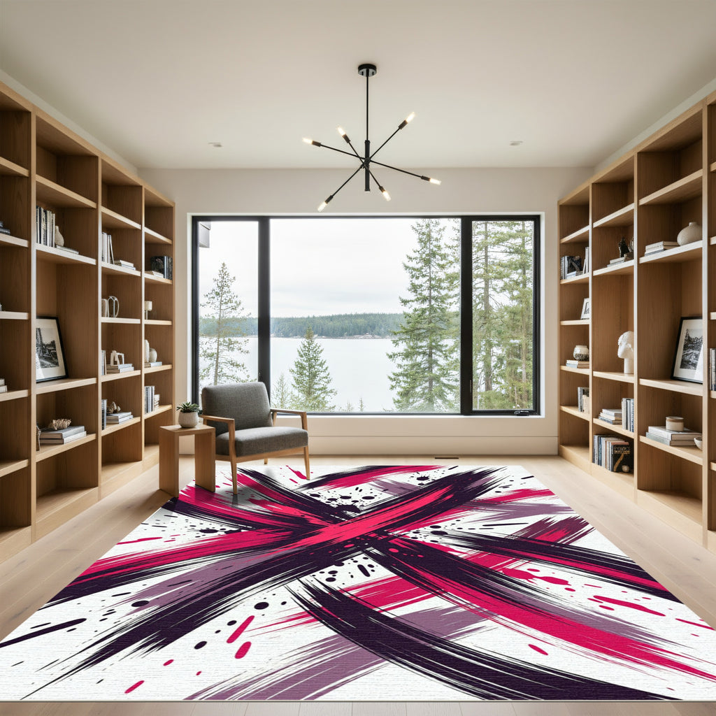 Bold Abstract Carmine Black Ink Brushstrokes Rug