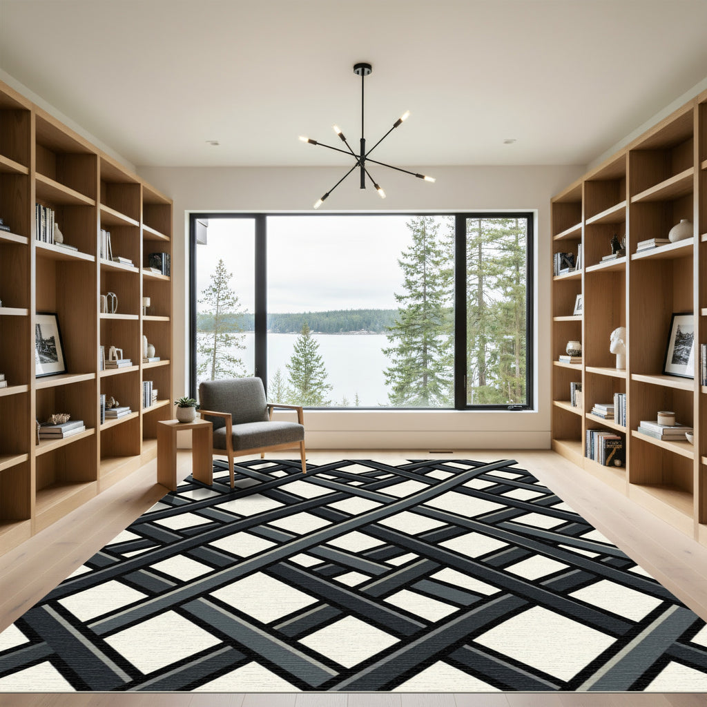 Modern Charcoal Grid Intersecting Lines Rug