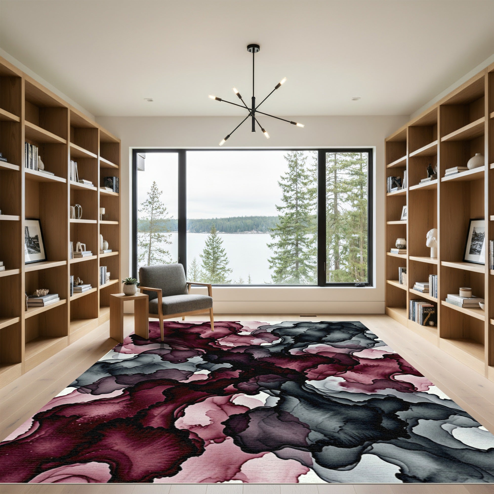 Dark Plum and Charcoal Abstract Ink Wash Rug