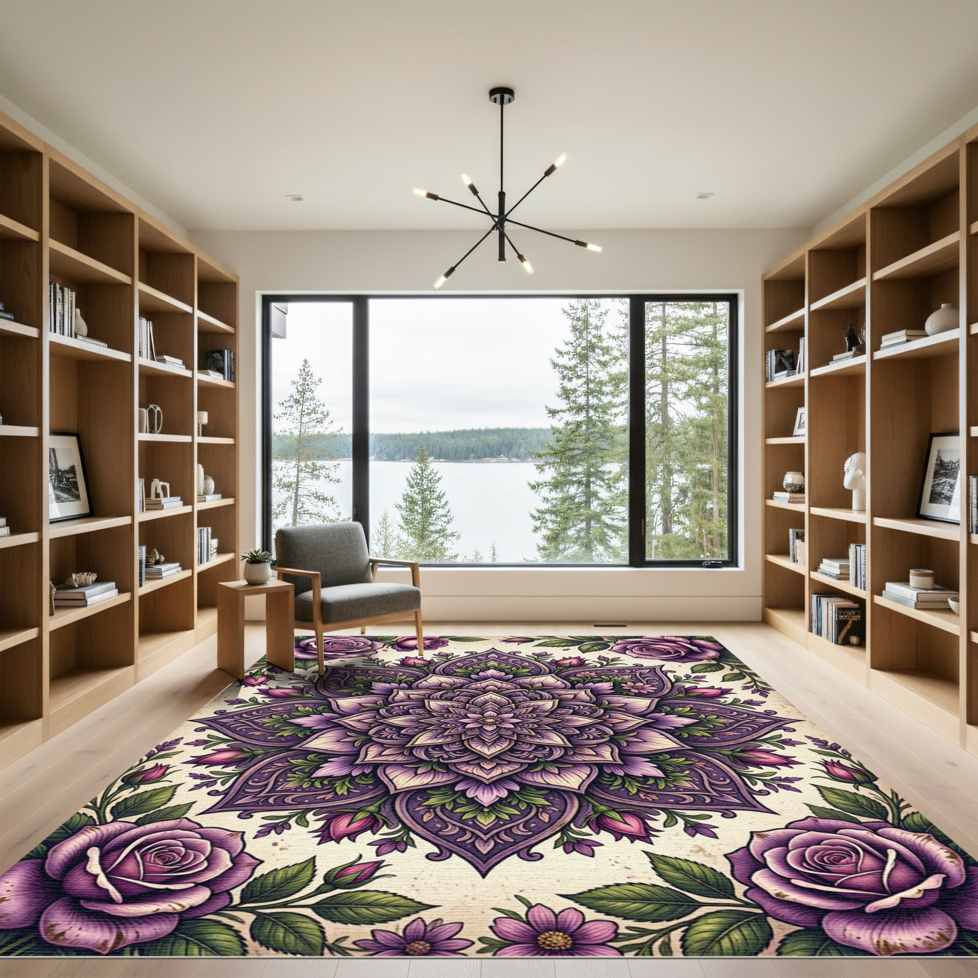 Elegant Purple Rose Mandala Floral Accent Rug