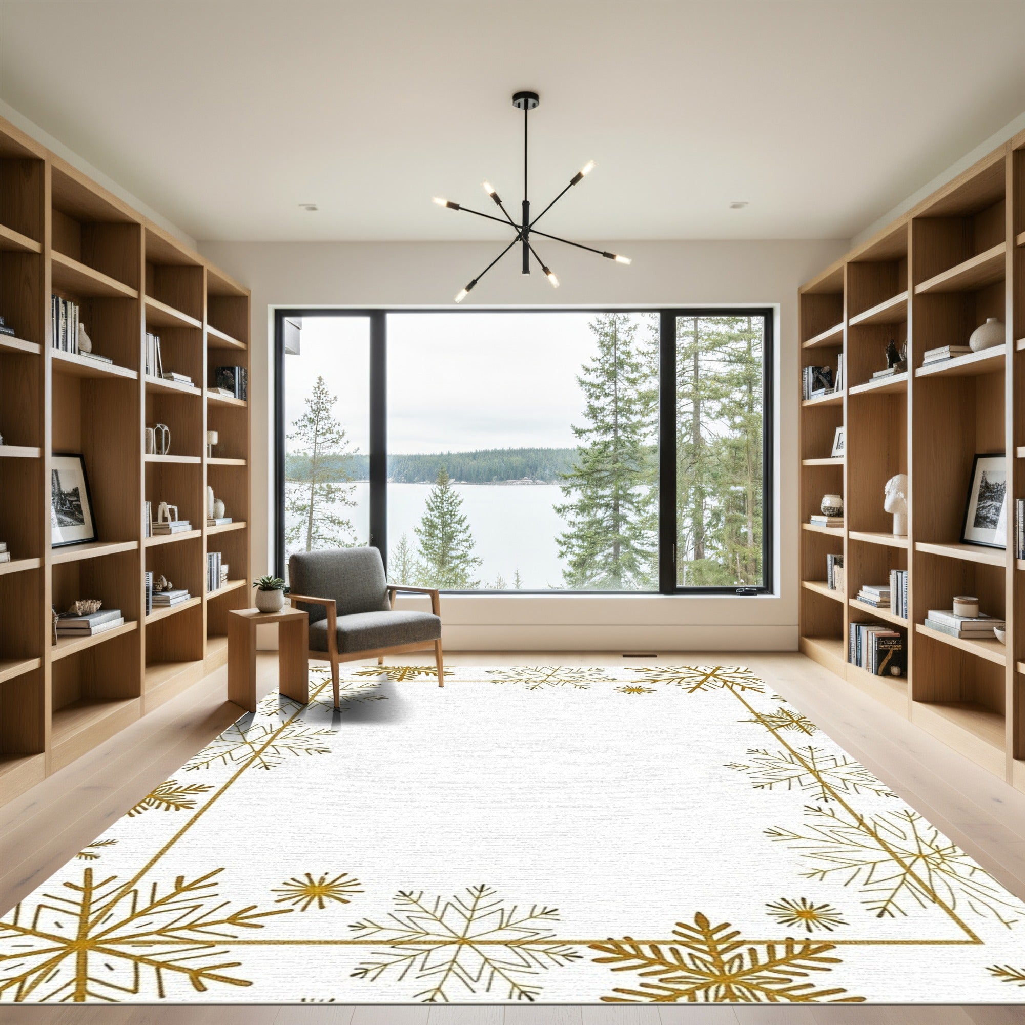 Golden Snowflake Winter Border Rug