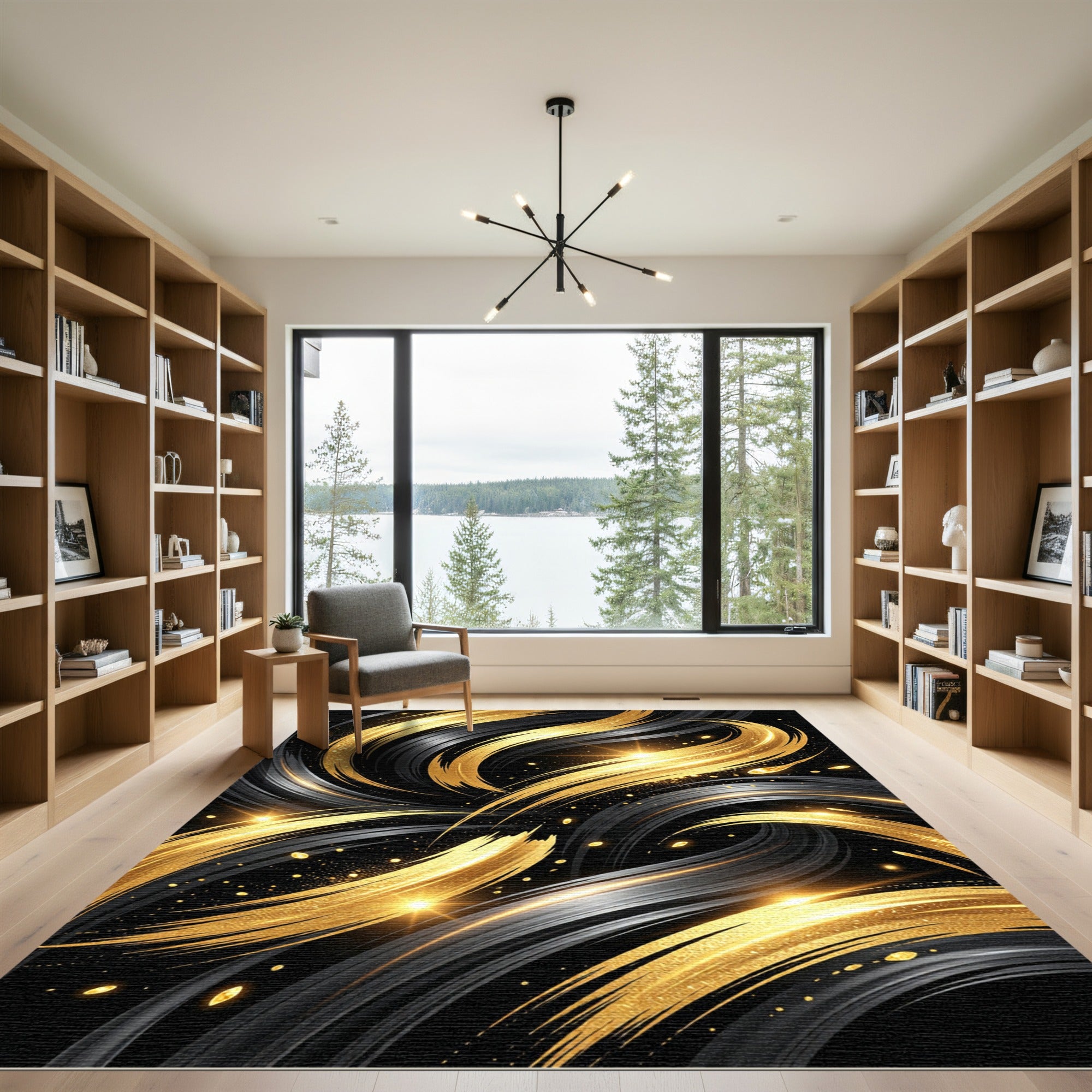 Elegant Golden Swirl Abstract Black Essence Rug