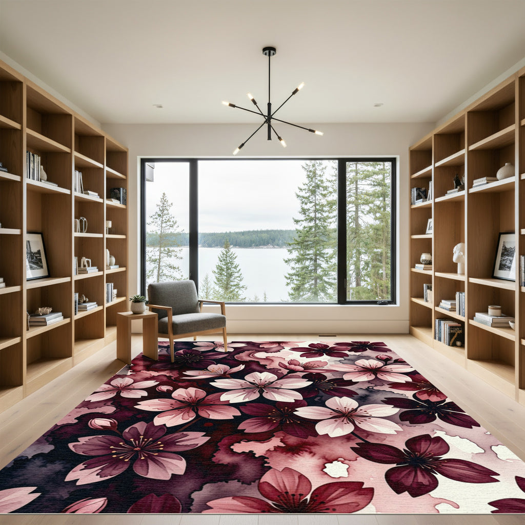 Deep Plum Blossom Watercolor Background Rug