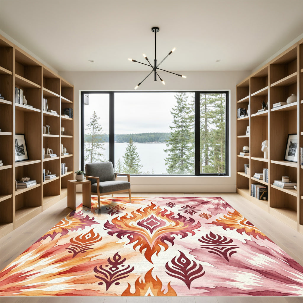 Vibrant Watercolor Flame Medallion Abstract Rug