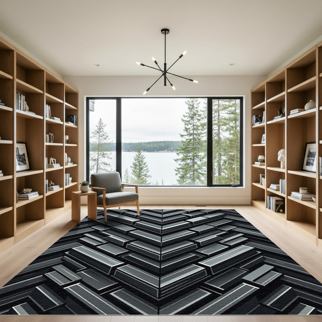 Modern Charcoal Geometric Chevron Block Rug
