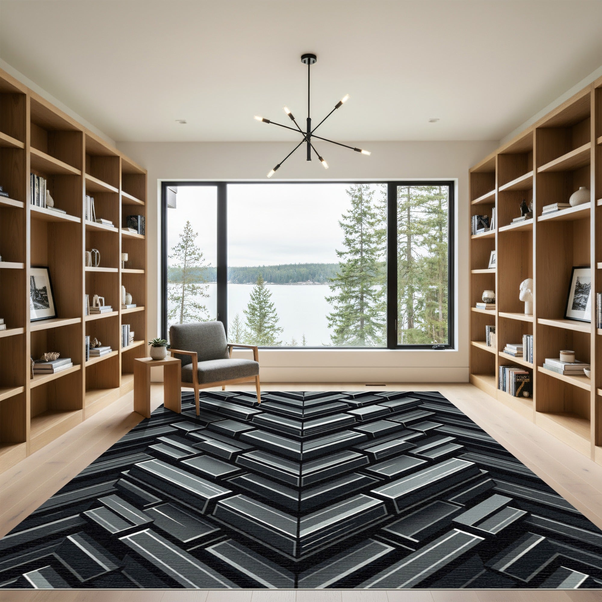 Modern Charcoal Geometric Chevron Block Rug