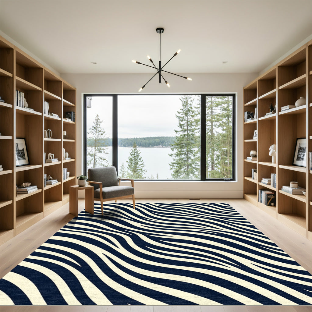 Modern Cream and Navy Zebra Wave Rug