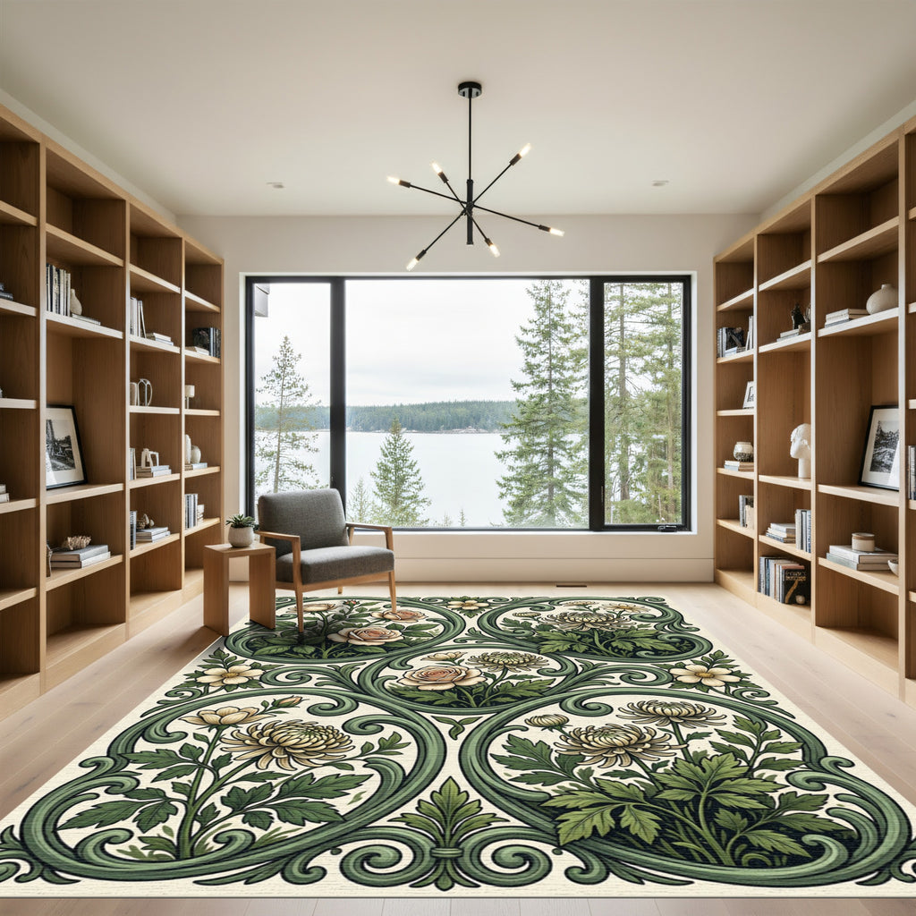 Sage Green Floral Filigree Scroll Elegant Rug