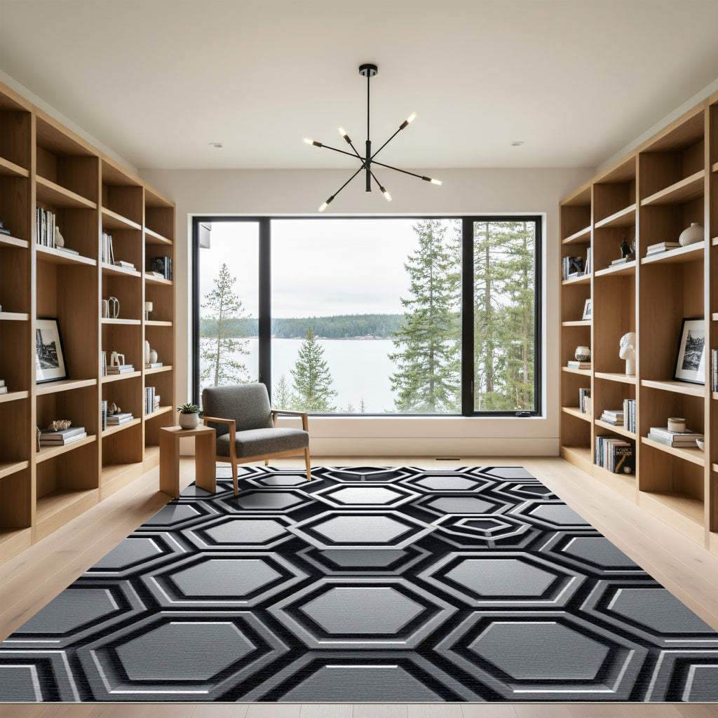 Monochromatic Silver Geometric Hexagonal Relief Rug
