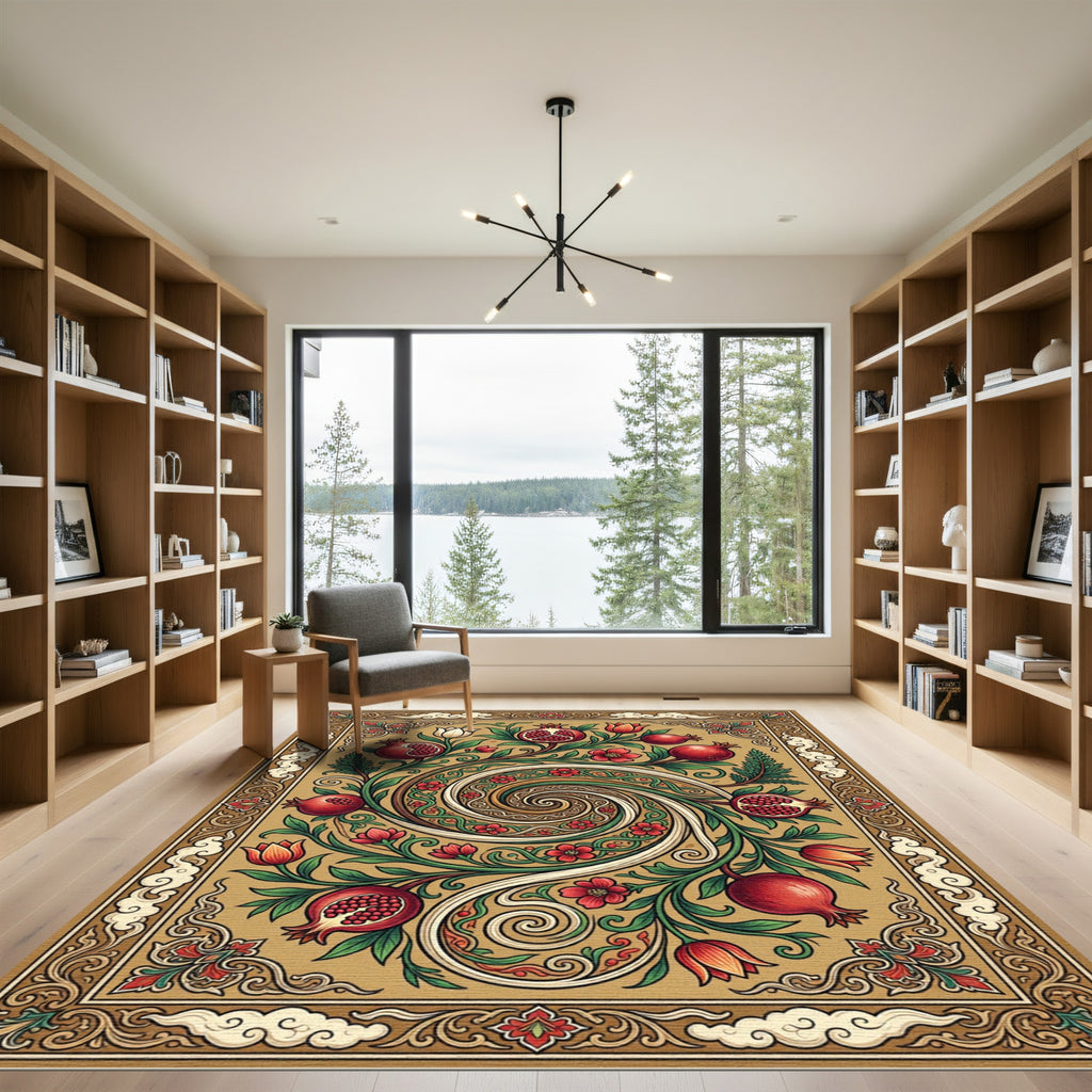 Golden Pomegranate Swirl Floral Art Rug