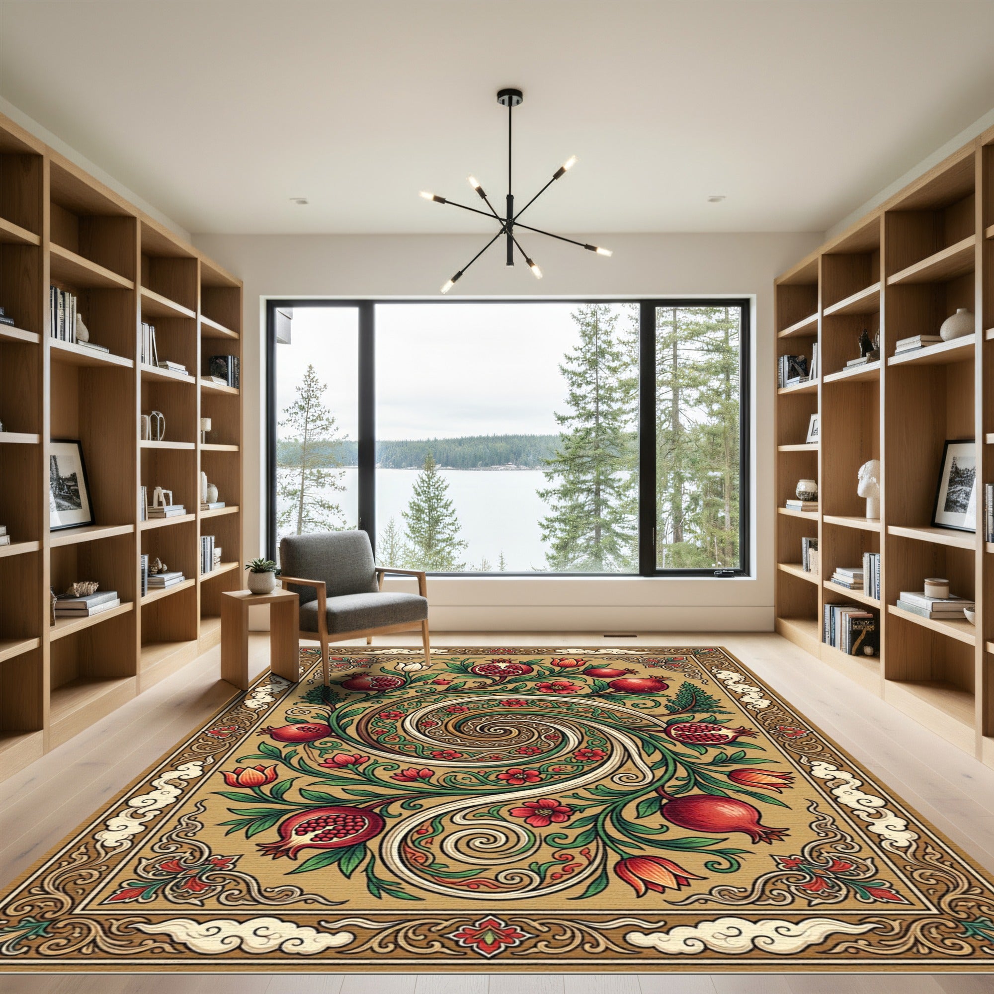 Golden Pomegranate Swirl Floral Art Rug