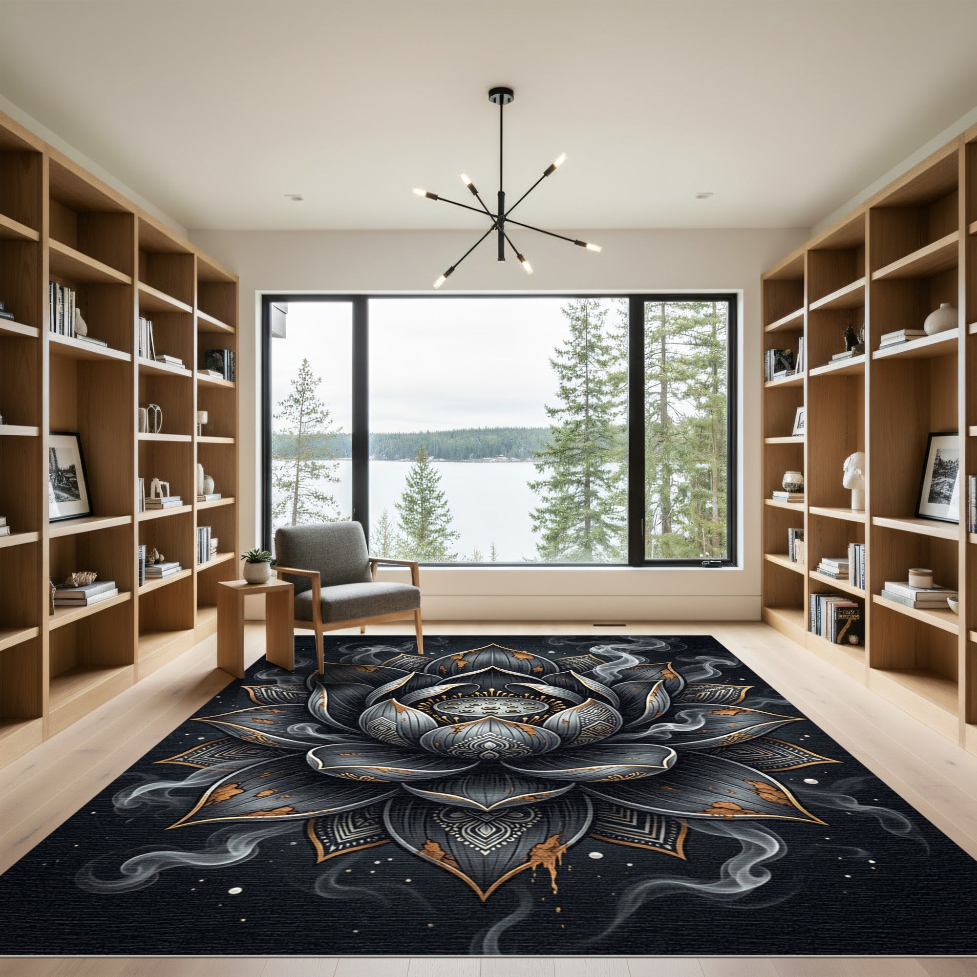 Black Gold Lotus Mandala Smoke Art Rug