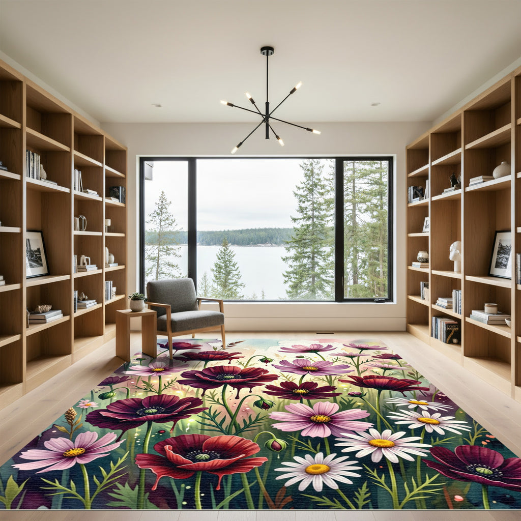Rich Burgundy Pink Floral Meadow Rug