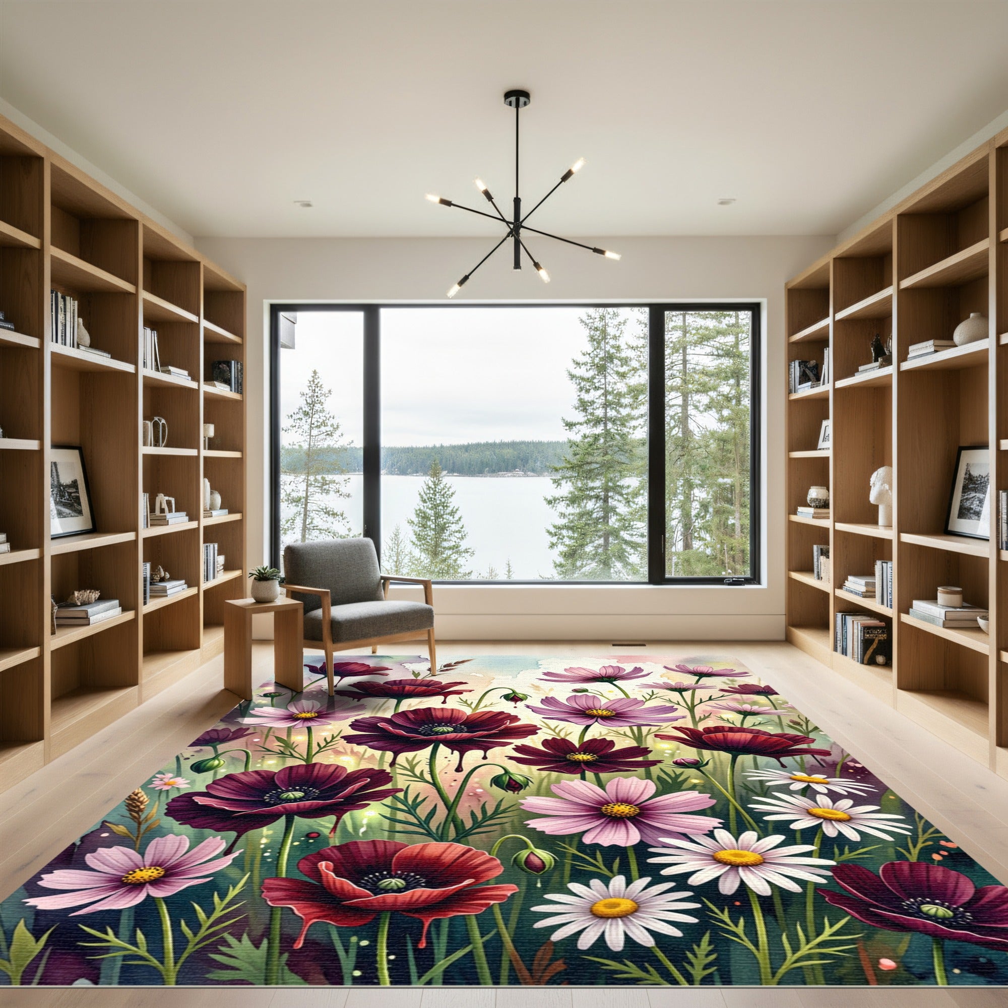 Rich Burgundy Pink Floral Meadow Rug