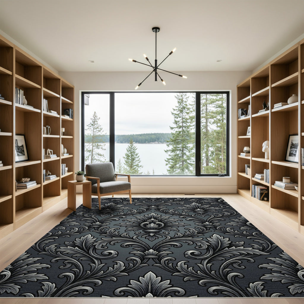 Elegant Black Silver Damask Scroll Rug