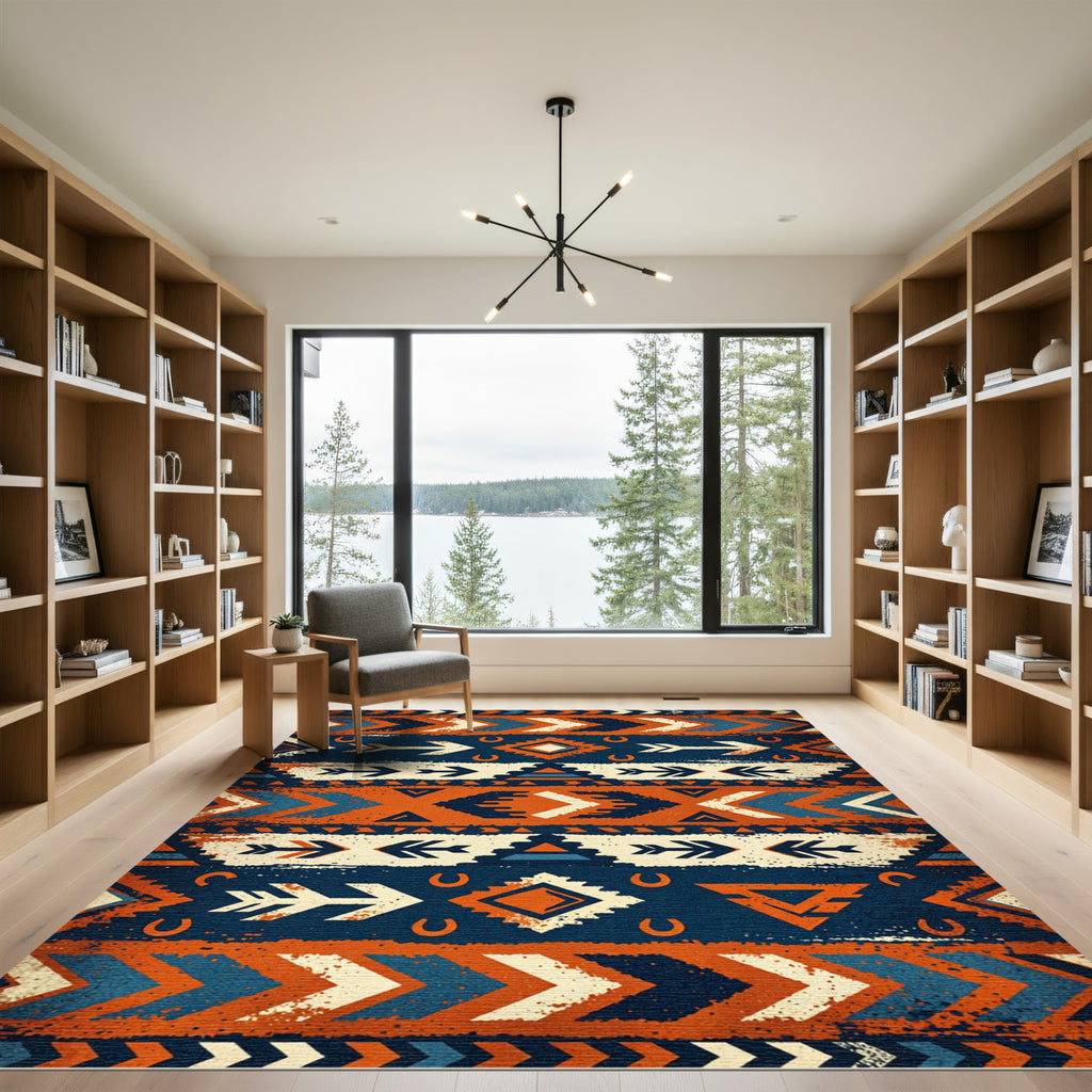 Rustic Orange Navy Geometric Arrow Rug
