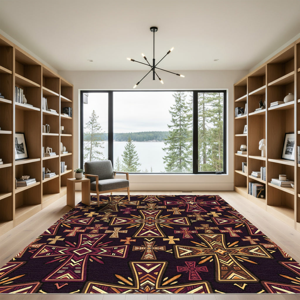 Ornate Golden Crosses Dark Tapestry Rug