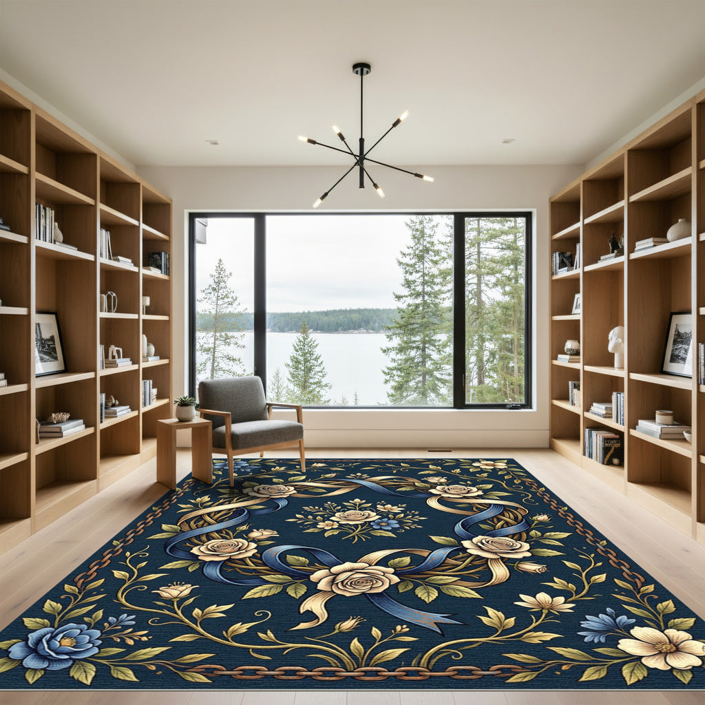 Cream Rose Navy Chain Garland Rug