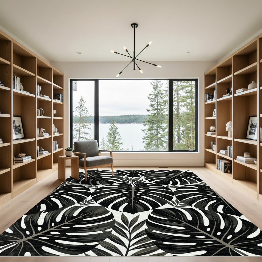Monochromatic Tropical Monstera Leaf Botanical Rug