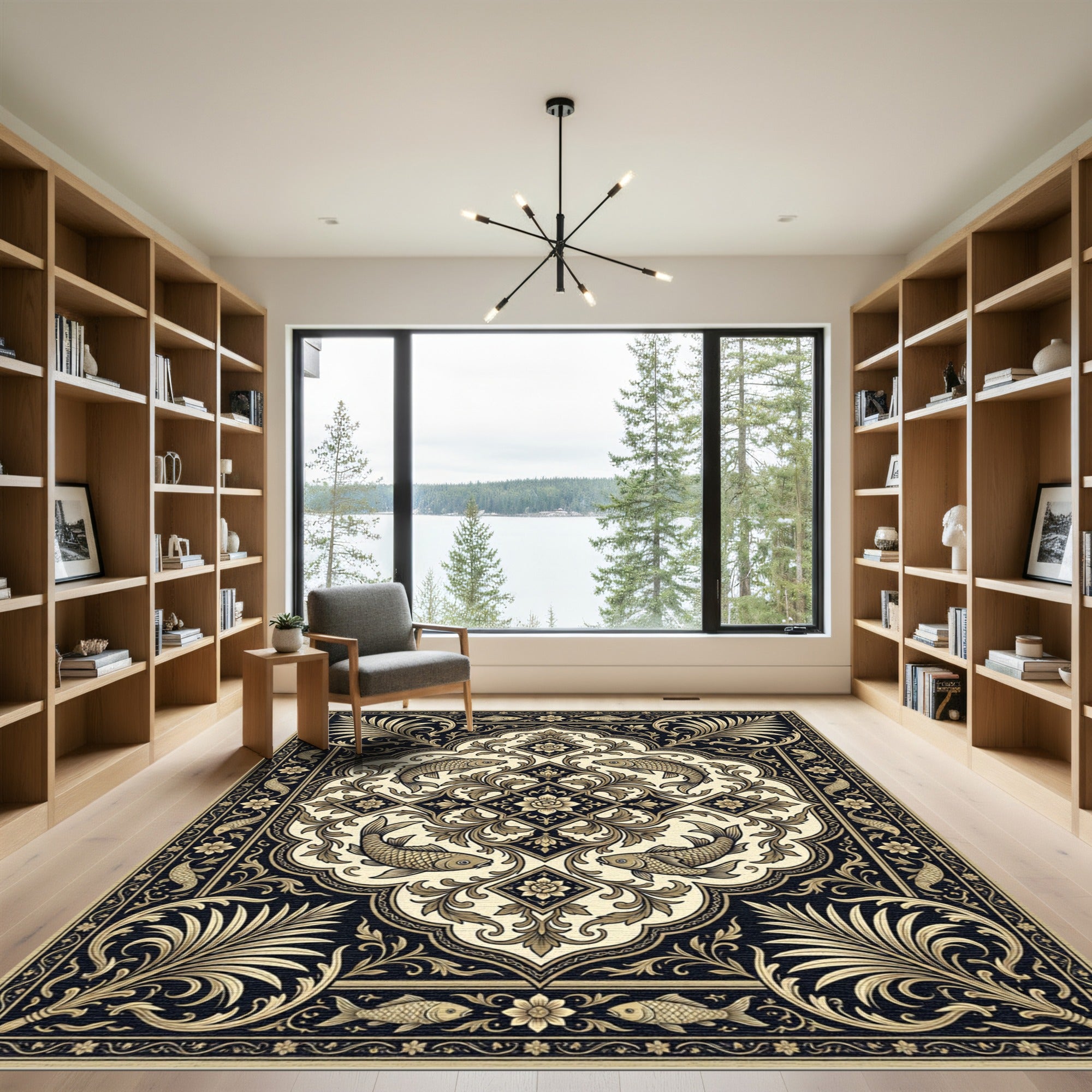 Ornate Black Gold Fish Medallion Rug
