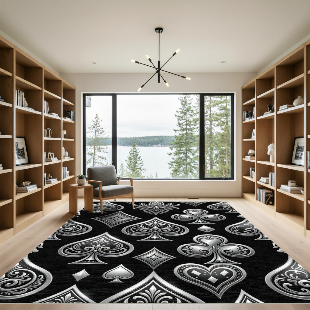 Elegant Metallic Silver Playing Card Seamless Rug