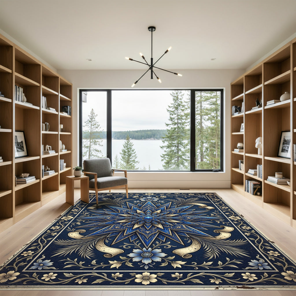 Elegant Navy Gold Celestial Star Medallion Rug