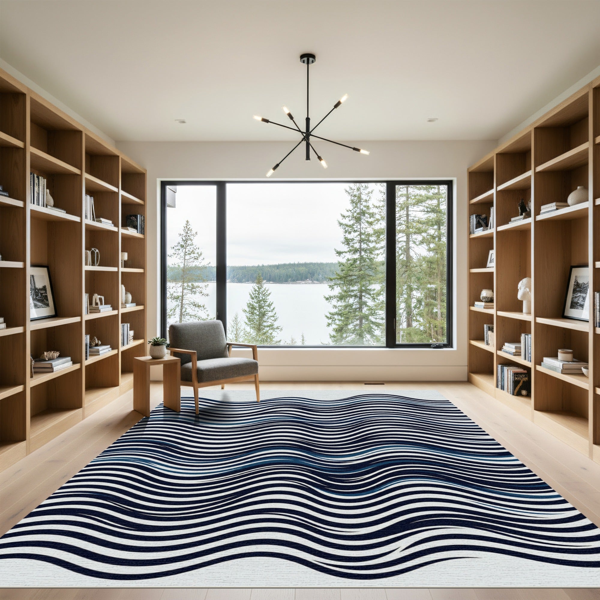 Modern Navy Blue Wavy Linear Rug