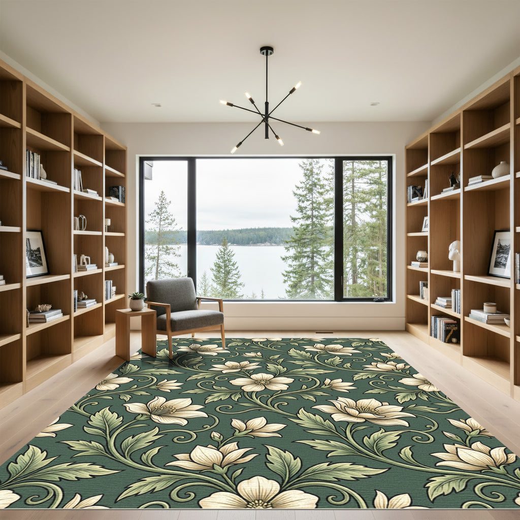 Elegant Sage Green Floral Botanical Art Rug