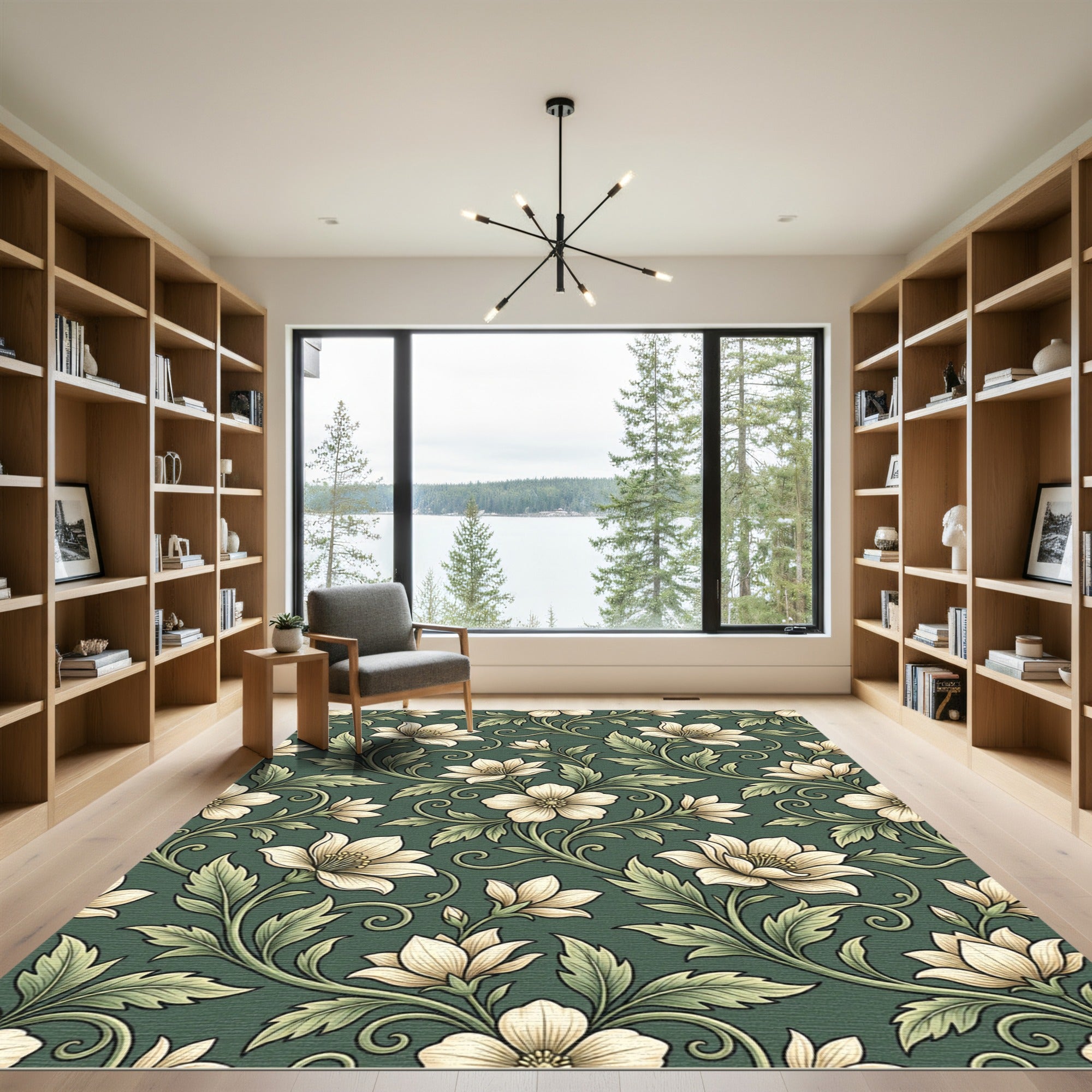Elegant Sage Green Floral Botanical Art Rug