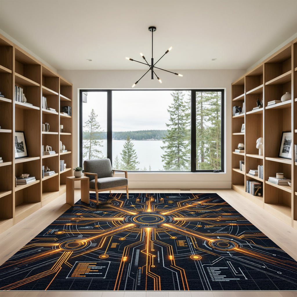 Futuristic Orange Circuit Board Globe Rug