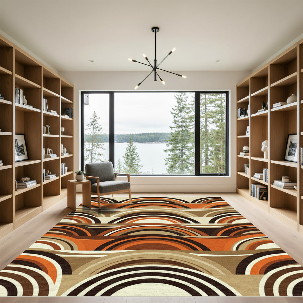Retro Terracotta Brown Arched Wave Rug