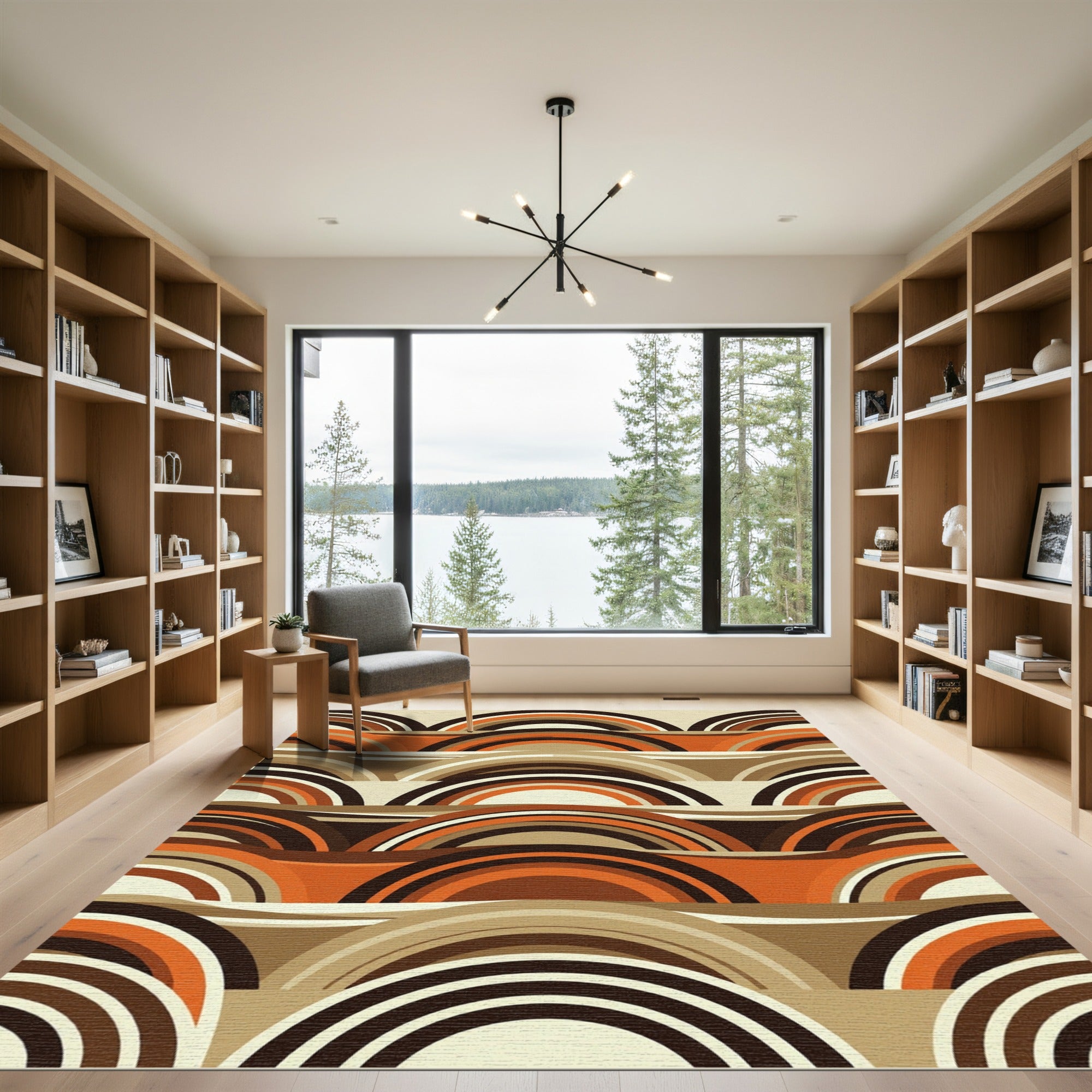 Retro Terracotta Brown Arched Wave Rug