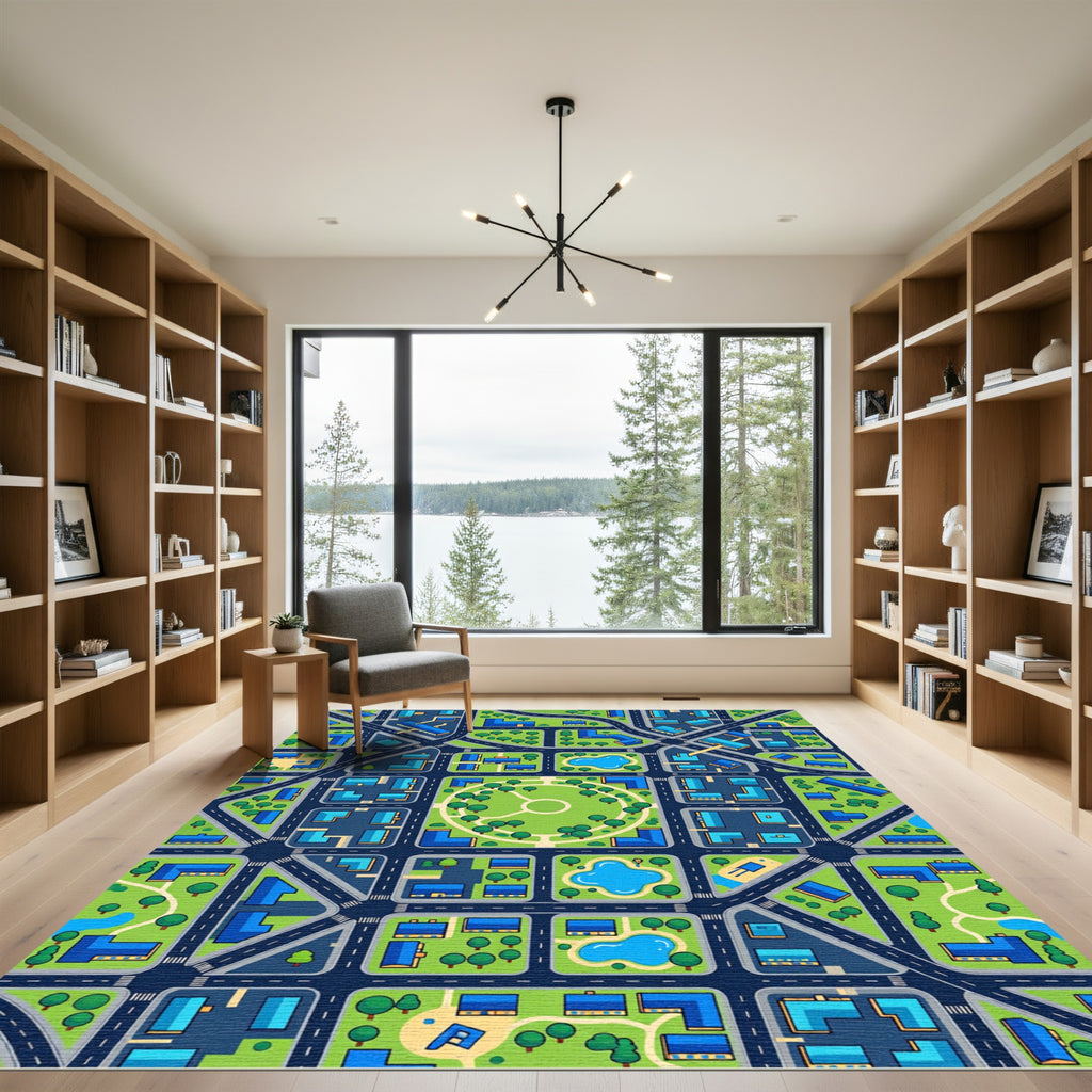 Modern Vibrant Cityscape Grid Map Rug