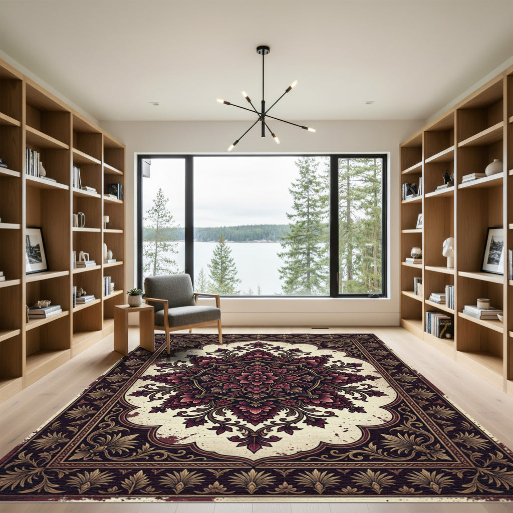 Ornate Crimson Floral Hexagon Medallion Rug