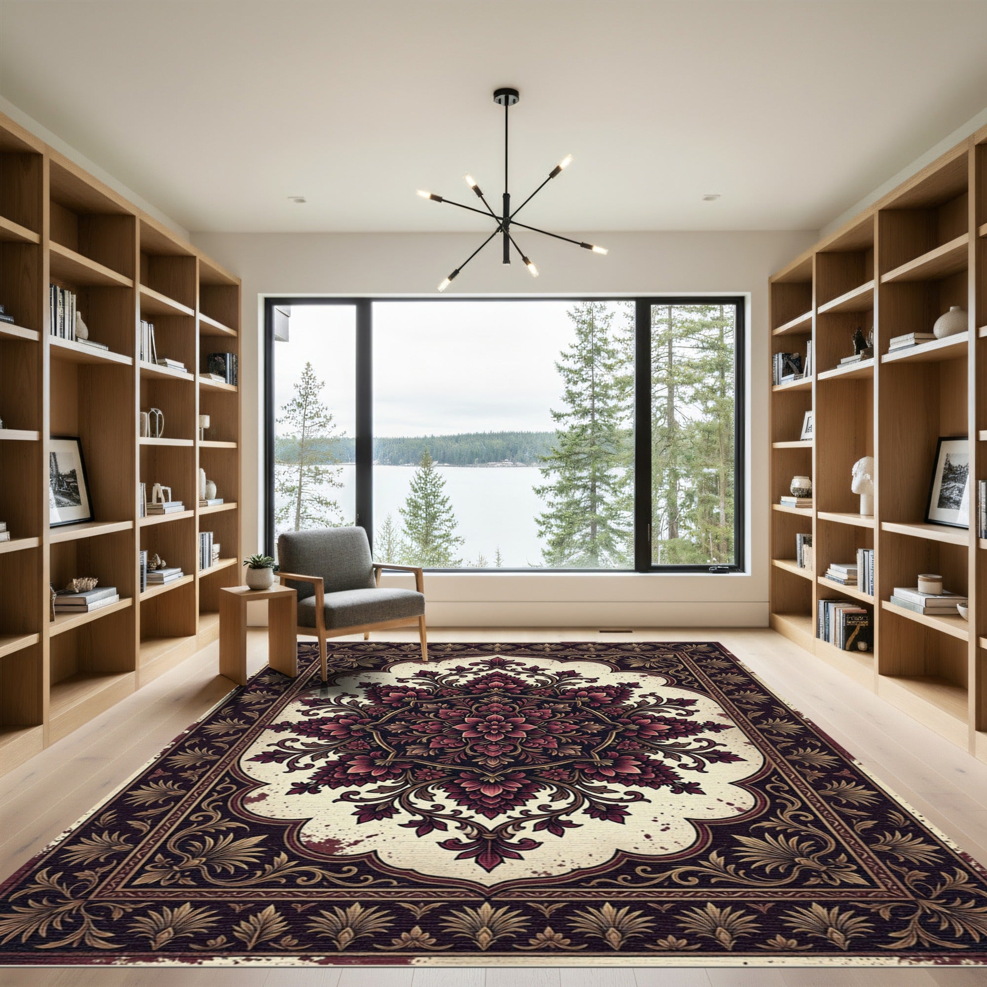 Ornate Crimson Floral Hexagon Medallion Rug