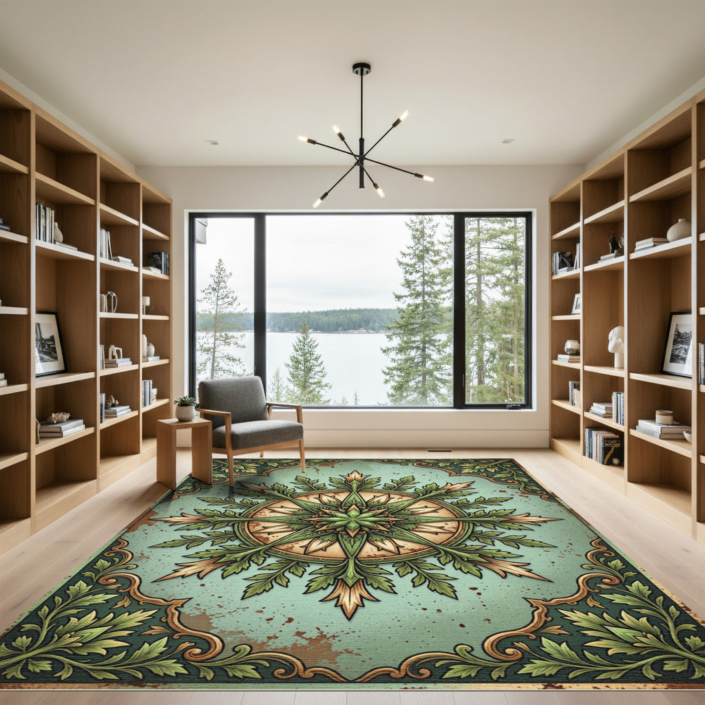 Green Floral Medallion Compass Frame Rug