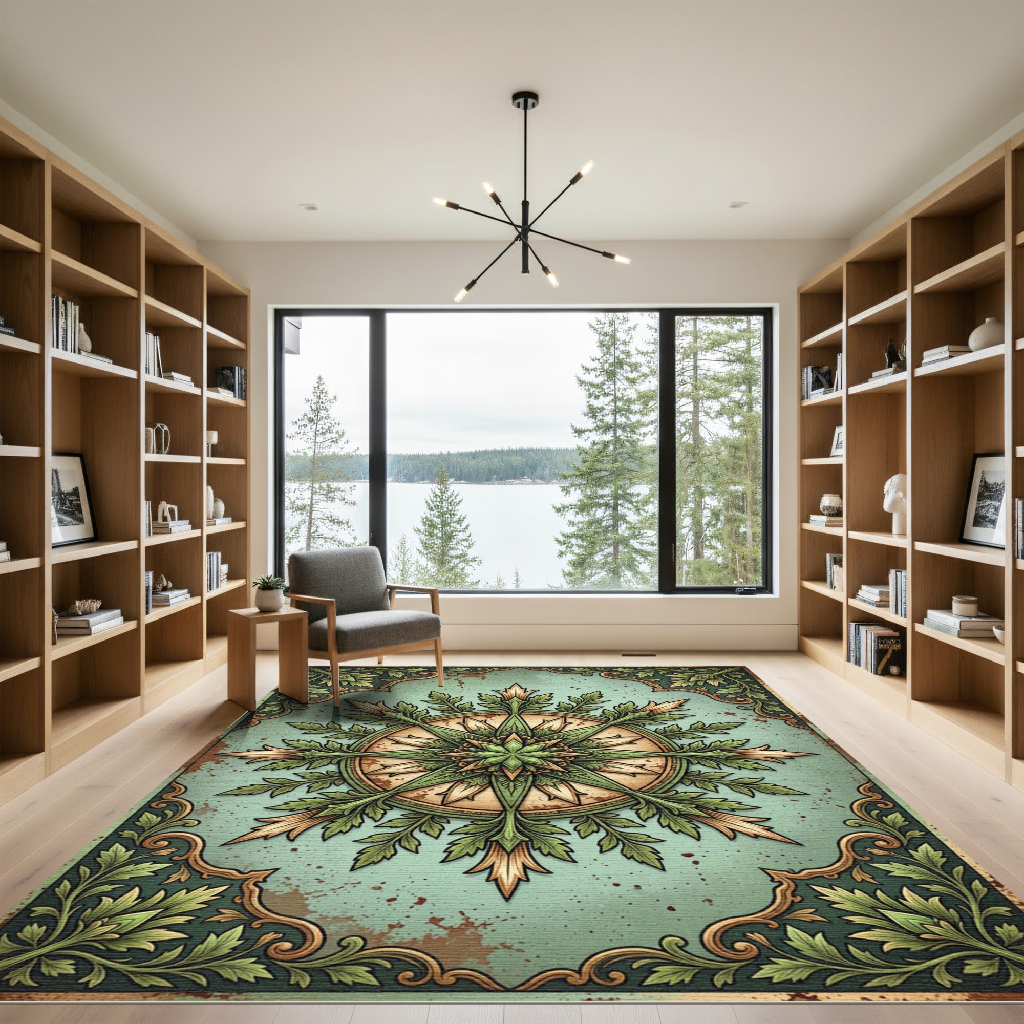 Green Floral Medallion Compass Frame Rug