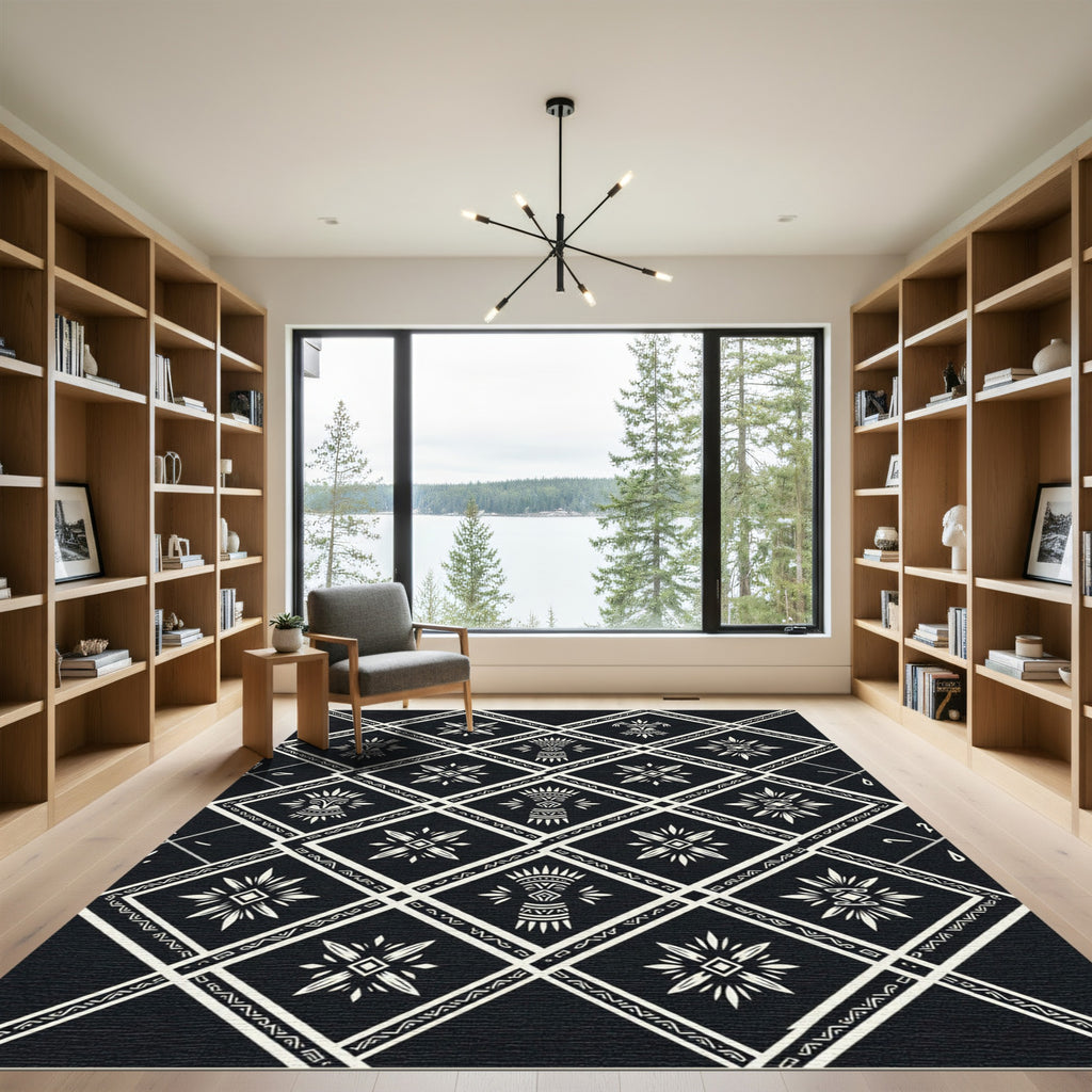 Monochromatic Tribal Diamond Geometric Black Ivory Rug