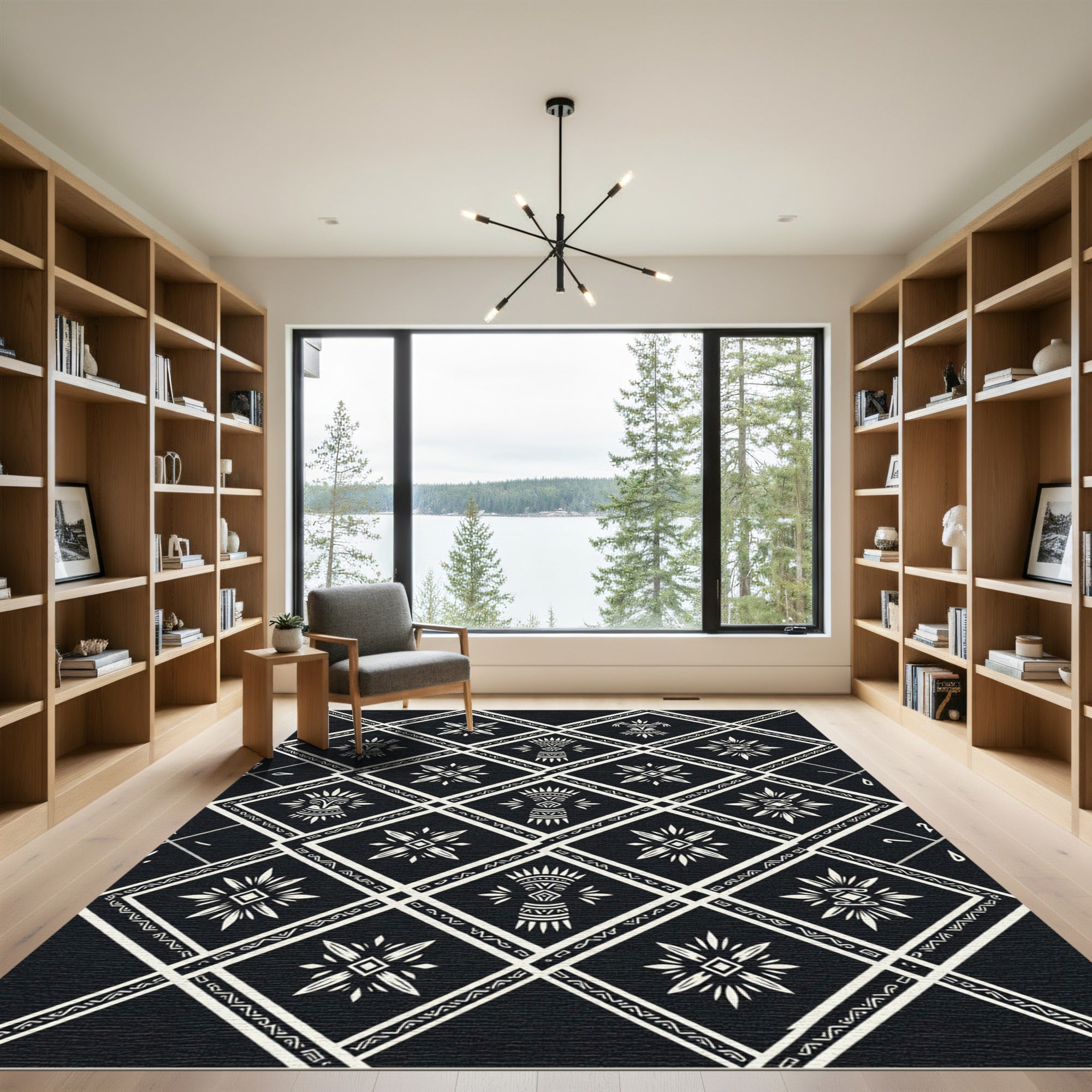 Monochromatic Tribal Diamond Geometric Black Ivory Rug