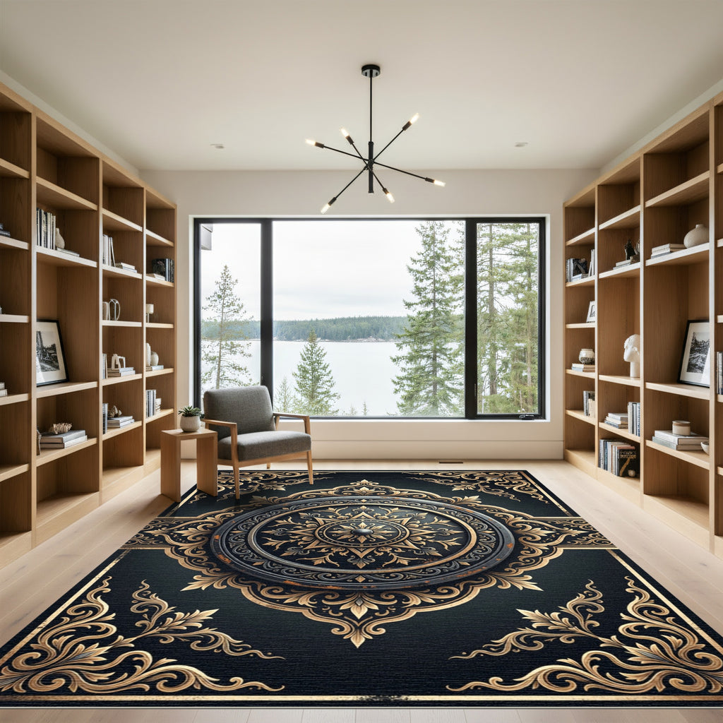 Elegant Gold Filigree Dark Medallion Rug