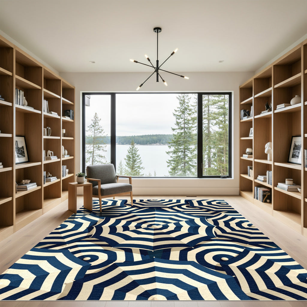 Navy Blue and Cream Striped Umbrella Rug